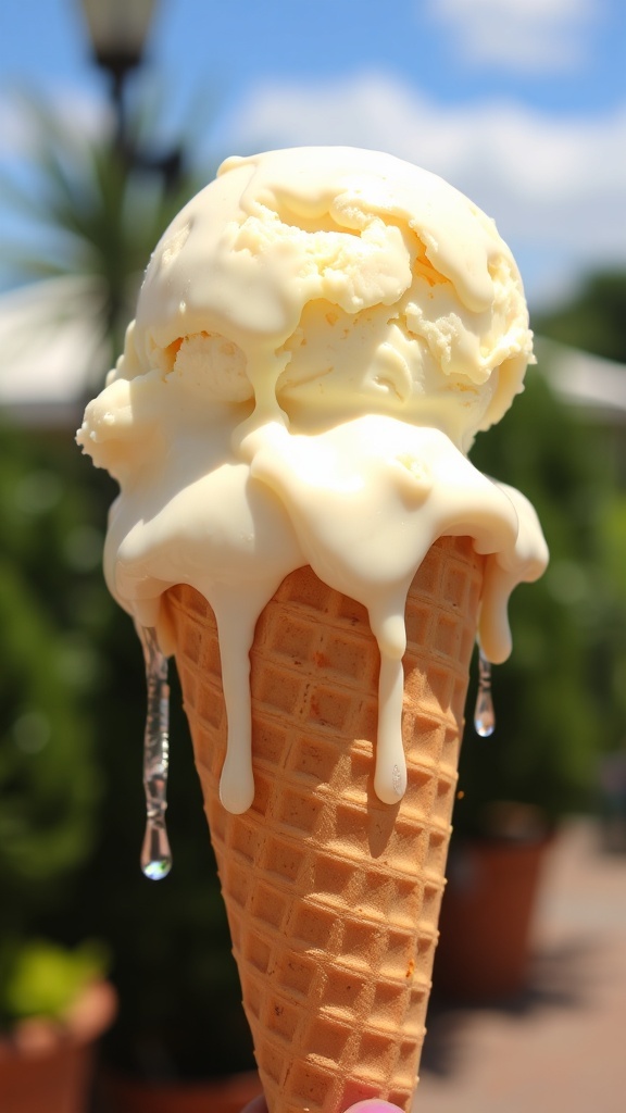 Understanding Ice Cream Melting: Science and Tips A melting scoop of ice cream on a cone with drips in a sunny outdoor setting.